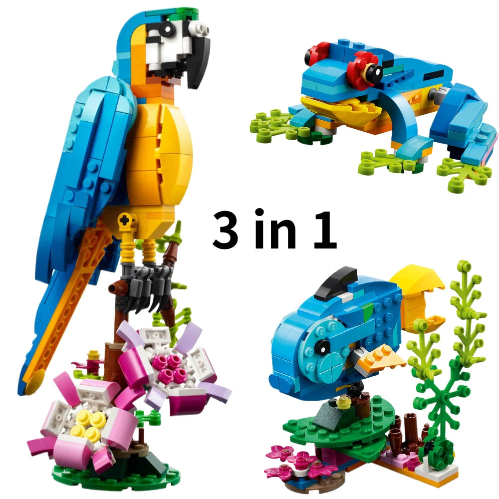 3 in 1 Parrot Building Toy Set, Transforms to 3 Different Animal Figures - from Colorful Parrot, to Swimming Fish, to Cute Frog!