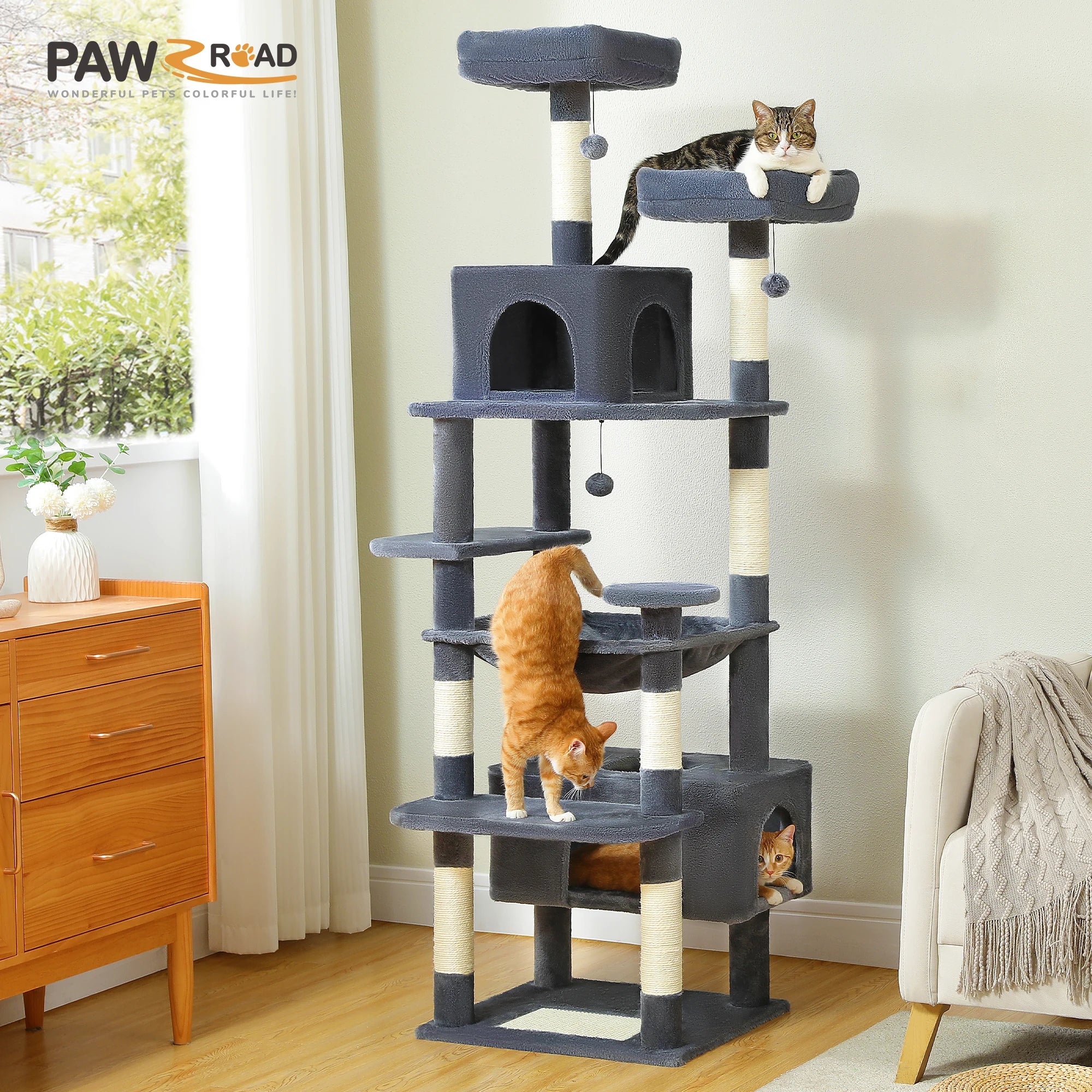 Large Cat Tree Tower for Indoor Cats With Scratching Posts, Spacious Hammock, & Padded Perches