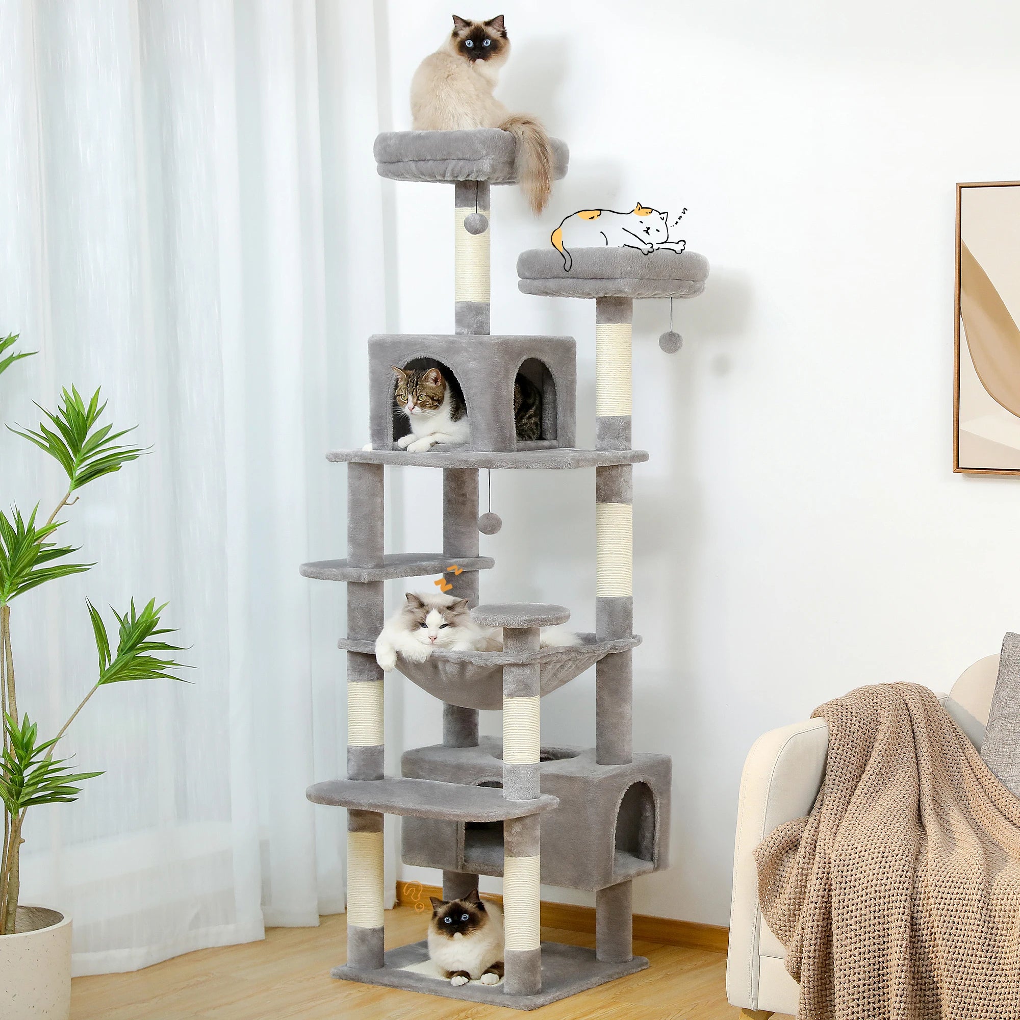 Large Cat Tree Tower for Indoor Cats With Scratching Posts, Spacious Hammock, & Padded Perches