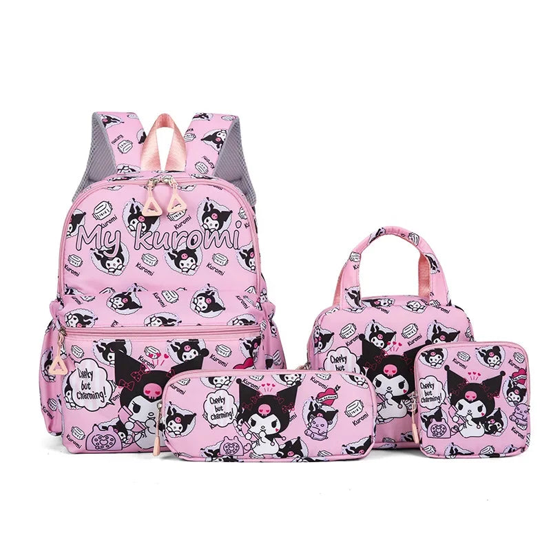 4pcs Kuromi/My Melody/Hello Kitty Backpack, Pencil Case, Shoulder Bag, & Wallet Set
