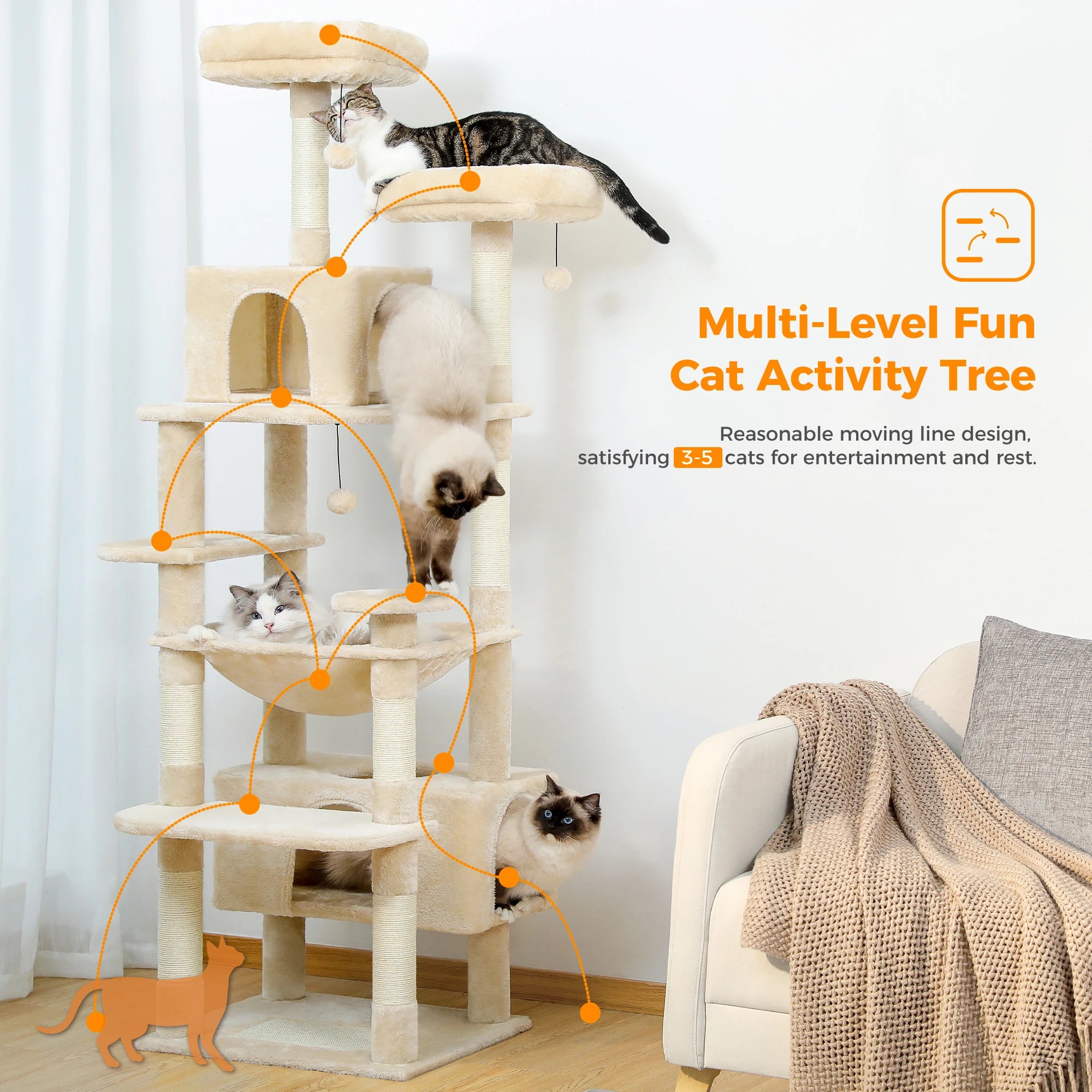 Large Cat Tree Tower for Indoor Cats With Scratching Posts, Spacious Hammock, & Padded Perches