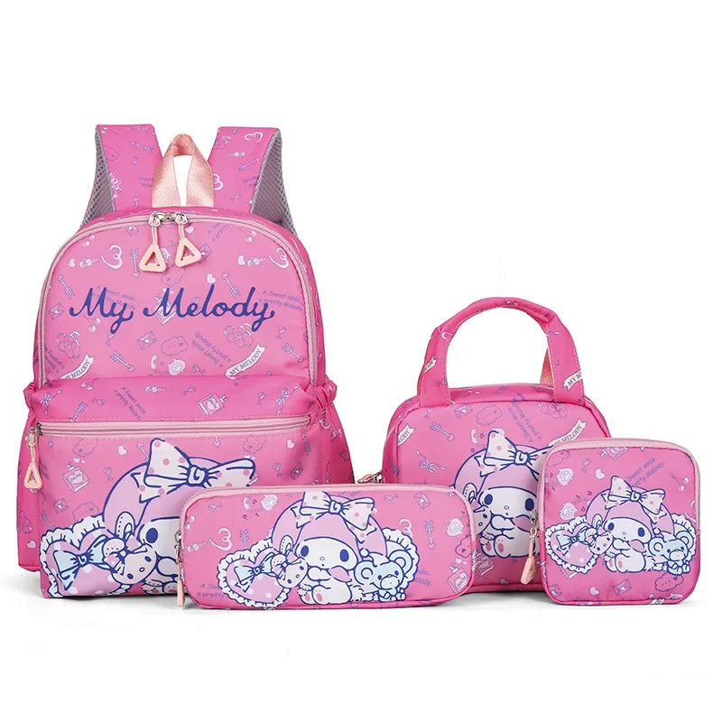 4pcs Kuromi/My Melody/Hello Kitty Backpack, Pencil Case, Shoulder Bag, & Wallet Set