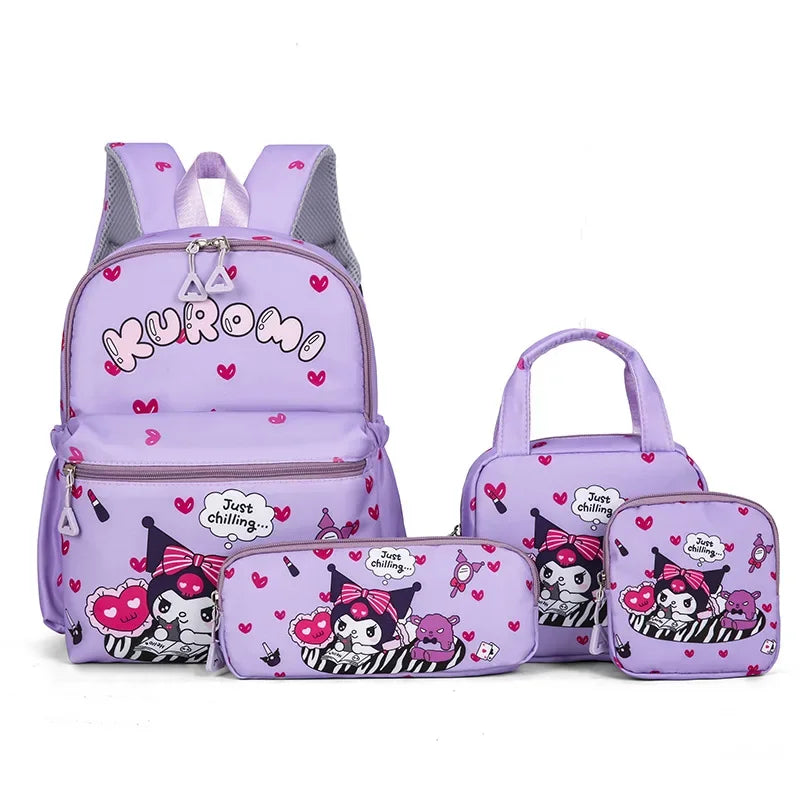 4pcs Kuromi/My Melody/Hello Kitty Backpack, Pencil Case, Shoulder Bag, & Wallet Set