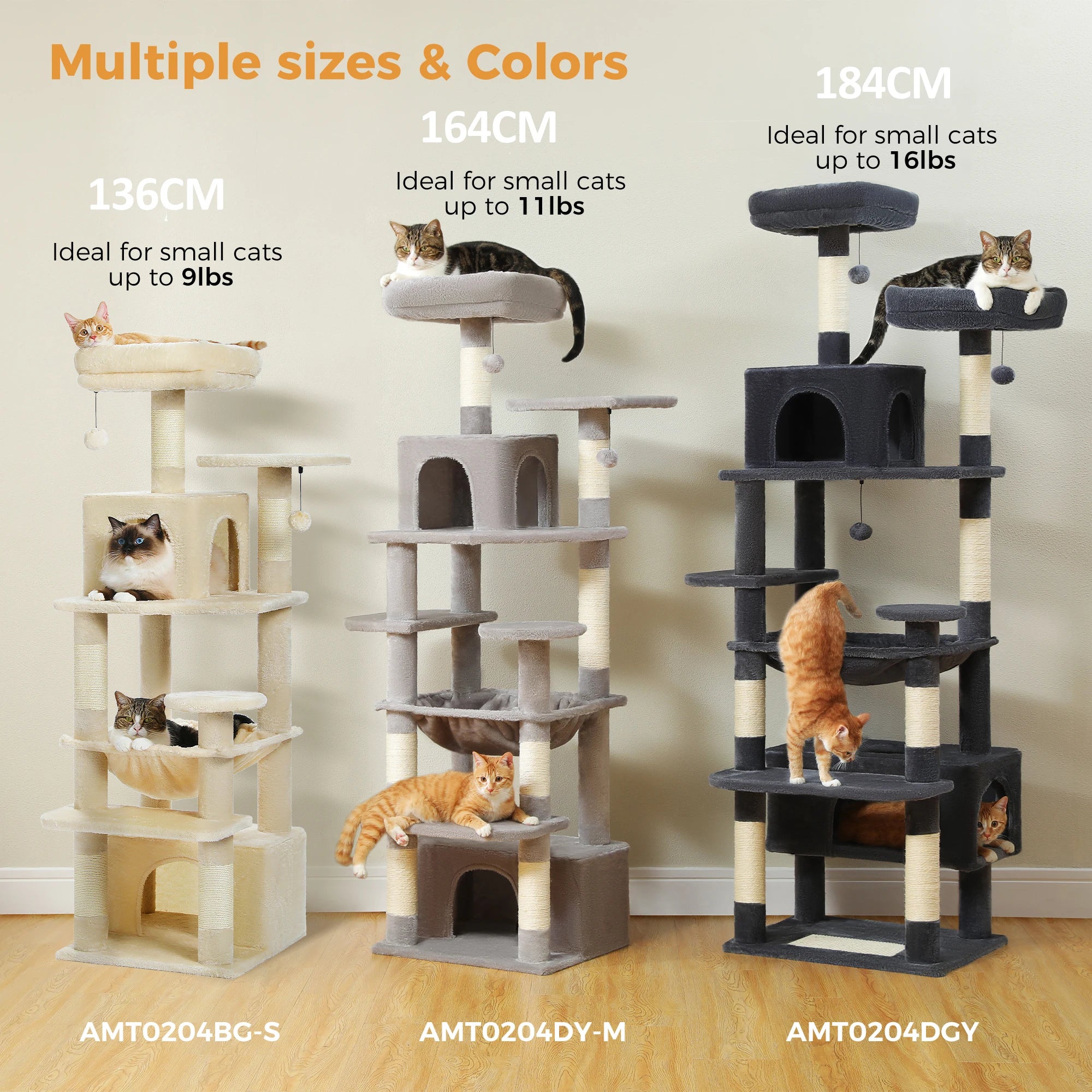Large Cat Tree Tower for Indoor Cats With Scratching Posts, Spacious Hammock, & Padded Perches